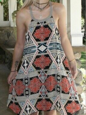 Trixxi Boho Geometric Southwestern Halter Shift T Back Braid Dress Size 7 Junior